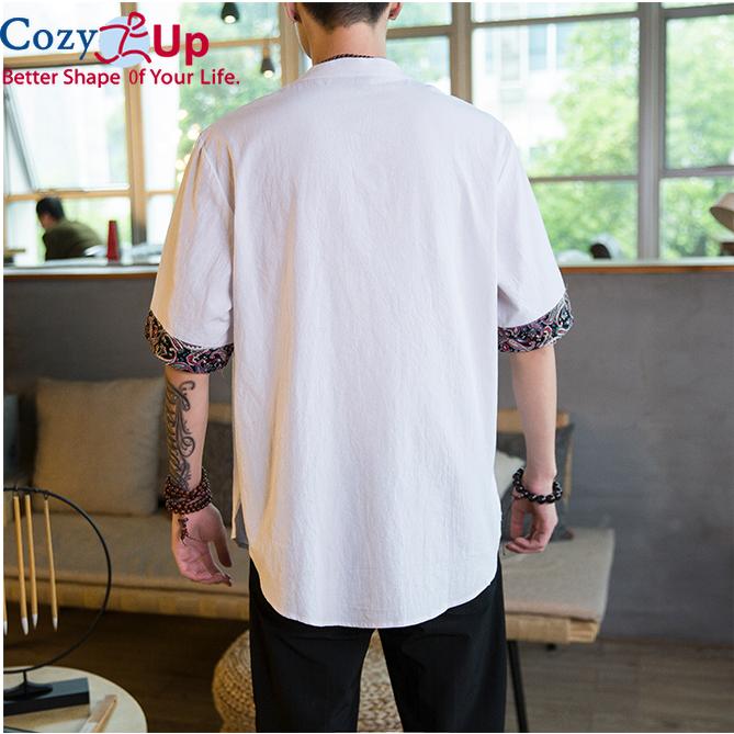 Cozy Up Chinesischer Stil 1/2 Ärmel Freizeithemd Herren Slim Stehkragen Stickerei Baumwolle und Leinen