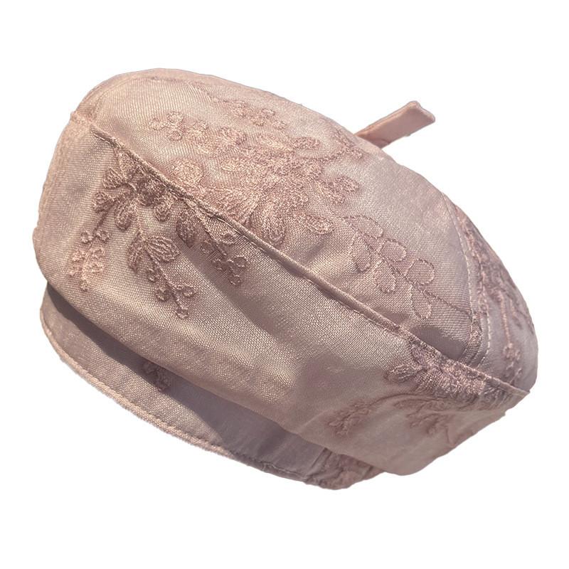 Style Mesh Beret Hat With Embroidery And Flower Pattern For Summer Fashion