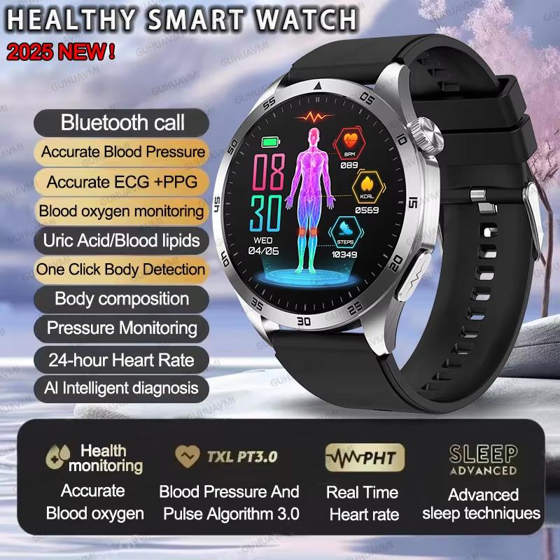 2025 New Micro Physical Examination Blood Lipids Uric Acid Blood Pressure Smart Watch ECG+PPG Clock Bluetooth Call Smartwatch Men