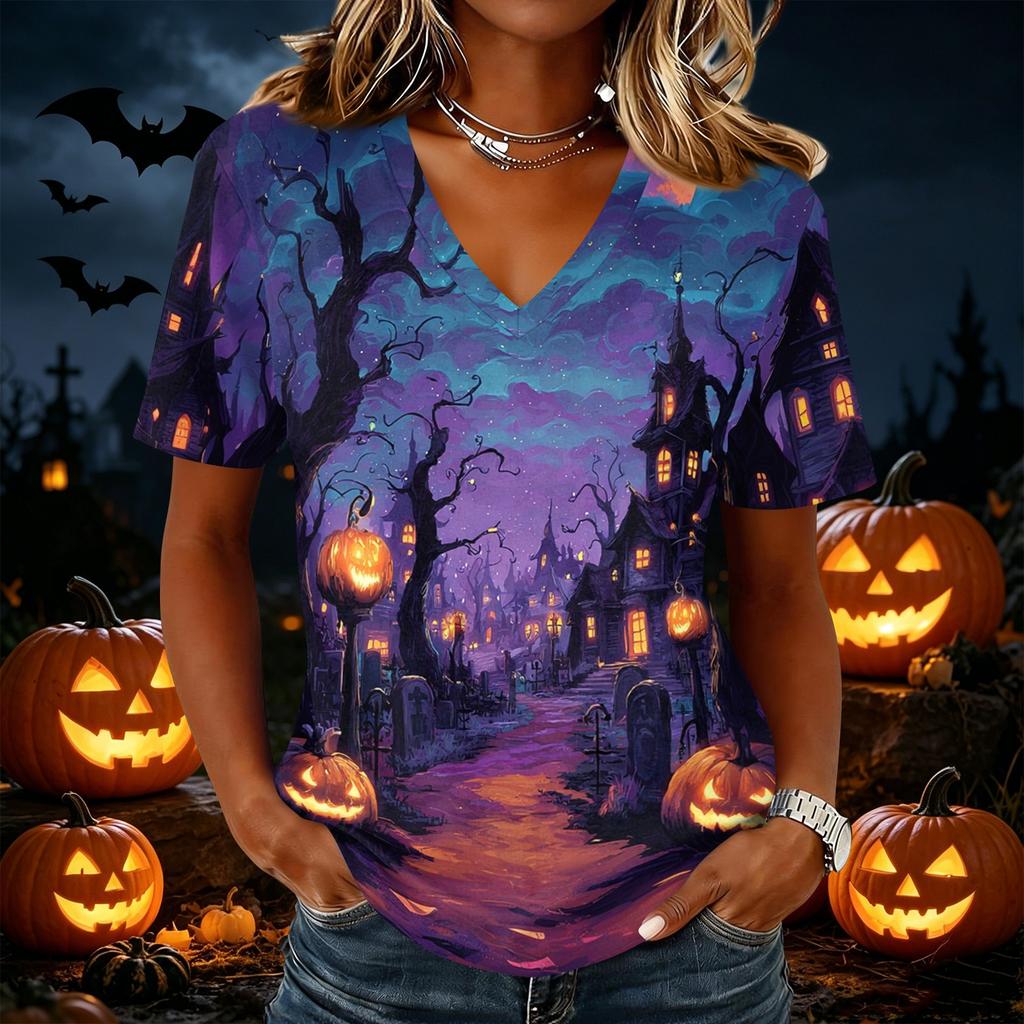 Womens Casual Short Sleeve V Neck Pullover Top Halloween Graveyard Print Lightweight Soft Fabric Tee Shirt