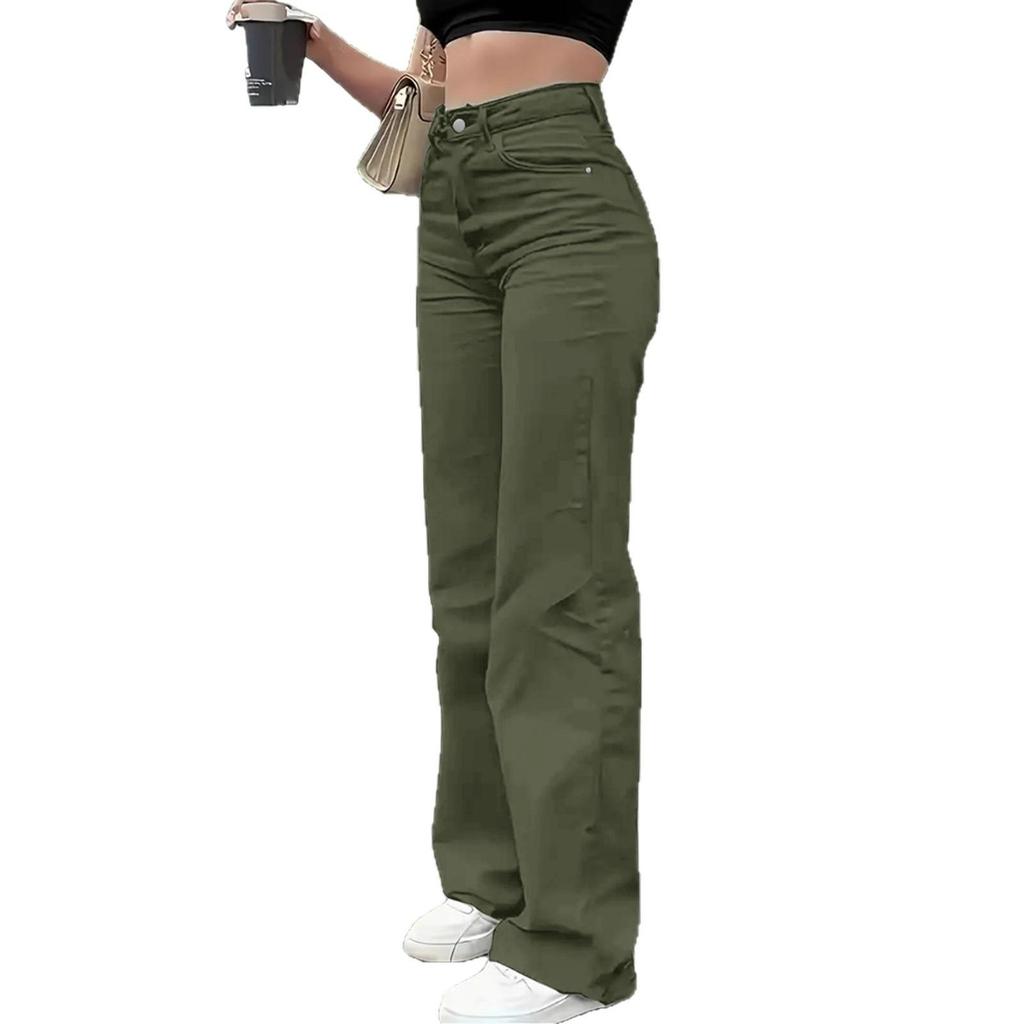 Army Green Elastic Denim Straight Leg Pants - Super Soft Fabric