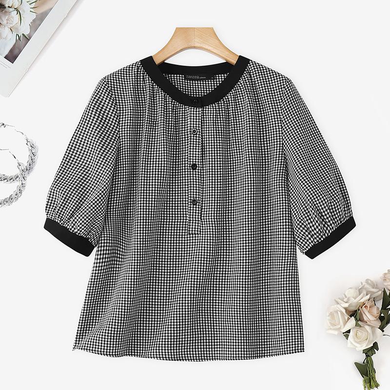 ZANZEA Women Casual Round Neck 3/4 Sleeve Grid Print Loose Blouse