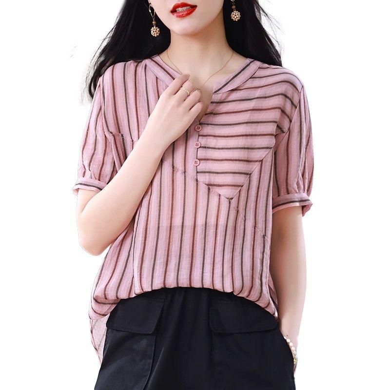 Striped Short-sleeved Shirt for Women's New V-neck Chiffon Top Summer Clothes Mother's Fashionable and Fashionable Casual Shirt
