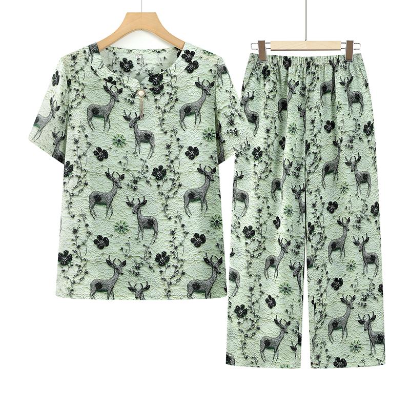 

Mother s Summer Fashion Loose T-shirt & Short Sleeve Set for Middle-Aged and Elderly Women - Stylish Two-Piece Top Set XL for 75-100 jin