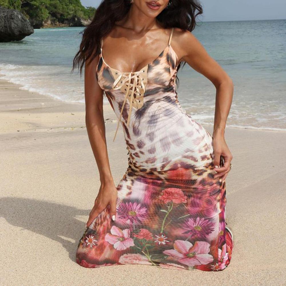 Floral Print Sexy Maxi Dress Women's Fashion Spaghetti Straps Sleeveless Backless Bodycon Party Maxi Dress