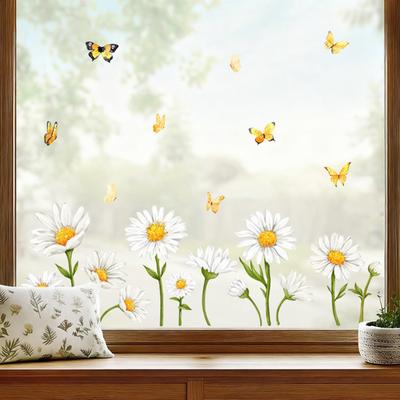 Spring Wildflowers Window Cling Garden Flowers Butterflies Window Decals Reusable Static Glass Sticker for Glass Doors Windows