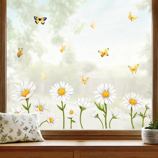 Flori Sălbatice de Primăvară Autocolant Static pentru Geamuri Flori de Grădină Fluturi Decalcomanii pentru Geamuri Sticker Static Reutilizabil pentru Uși de Sticlă Ferestre