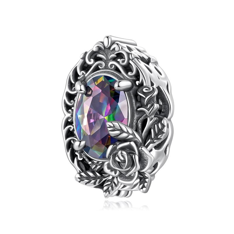 WOSTU 925 Silver Vintage Gothic Black Rose Flower Heart Beads, Retro Pearl Pendant Rainbow Charms Fit DIY Jewelry Make