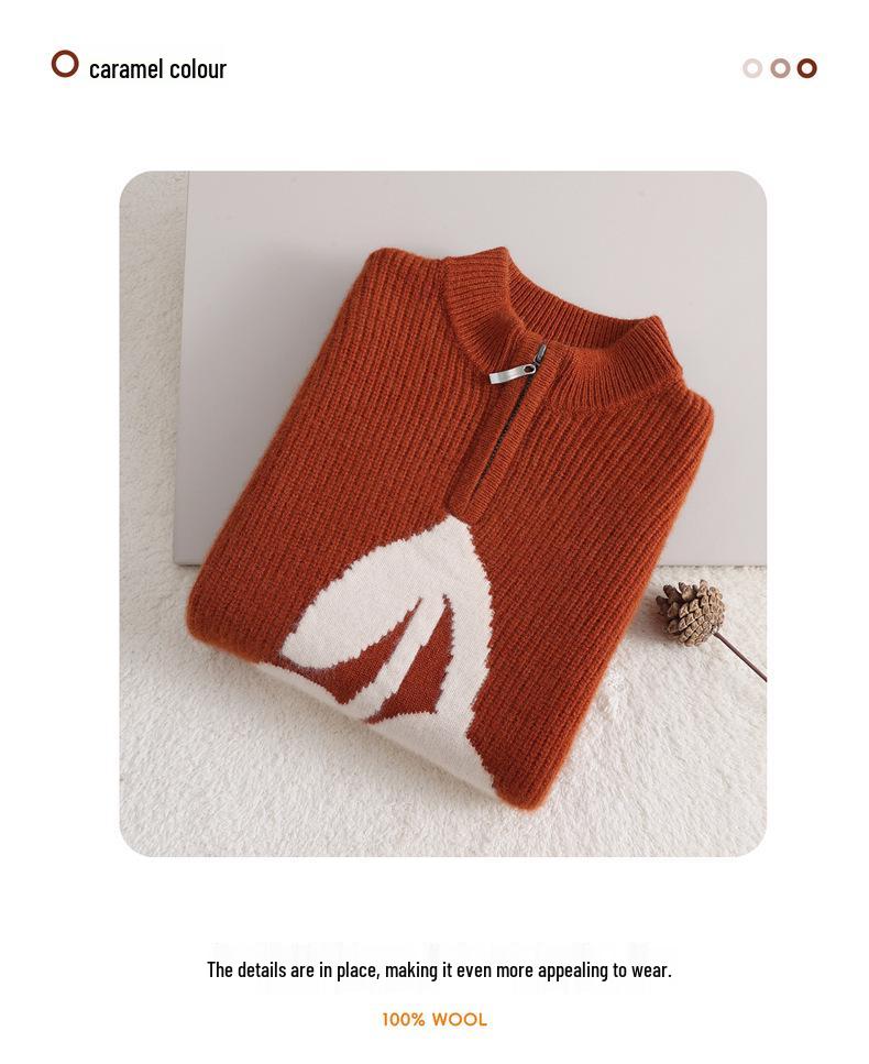 Kids' Cherry Jacquard Wool Pullover Sweater, Unisex Half-Zip Ribbed Base Layer