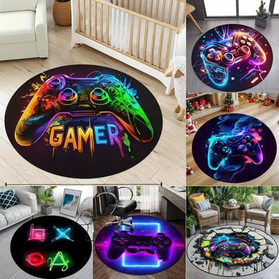 2025 Gaming for Boys Room Gamer Casual Round Carpet with Controller Design Rug for Game Room Bedroom Decor Non-slip Floor Mat