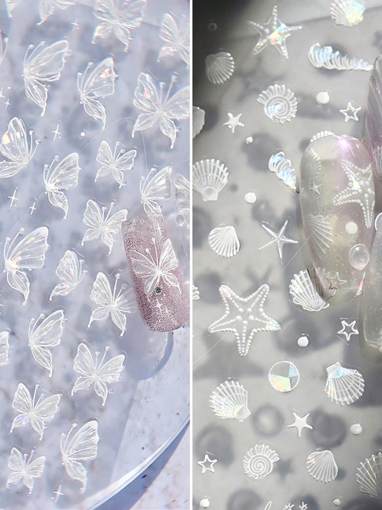 5D Nail Art Stickers Transparent Adhesive Nail Accessories Shell Sea Star Jellyfish Aurora Butterfly Hollow Liquid Nail Stickers