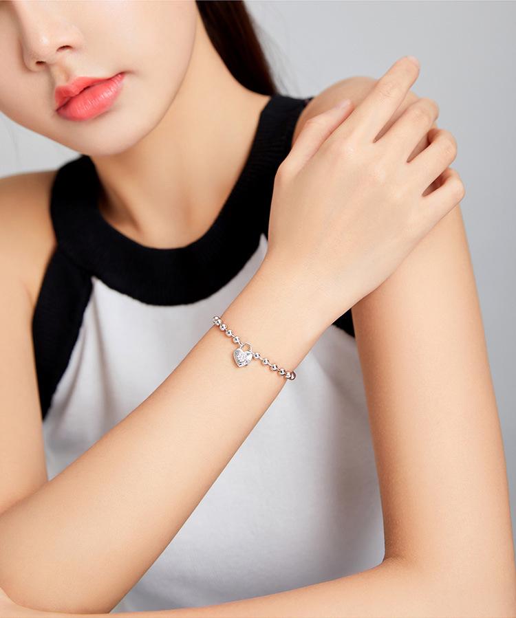 European & American Sterling Silver White Gold Plated Beaded Bracelet, Unisex, Versatile, S925, SCB203