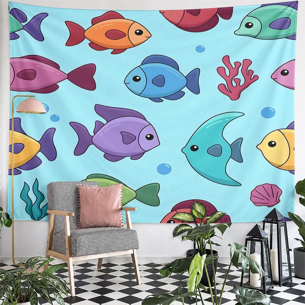 Colorful Cartoon Fish and Ocean Pattern Pattern Wall Hanging Tapestry Decorative Tapestry Home Decor for Bedroom and Living Room