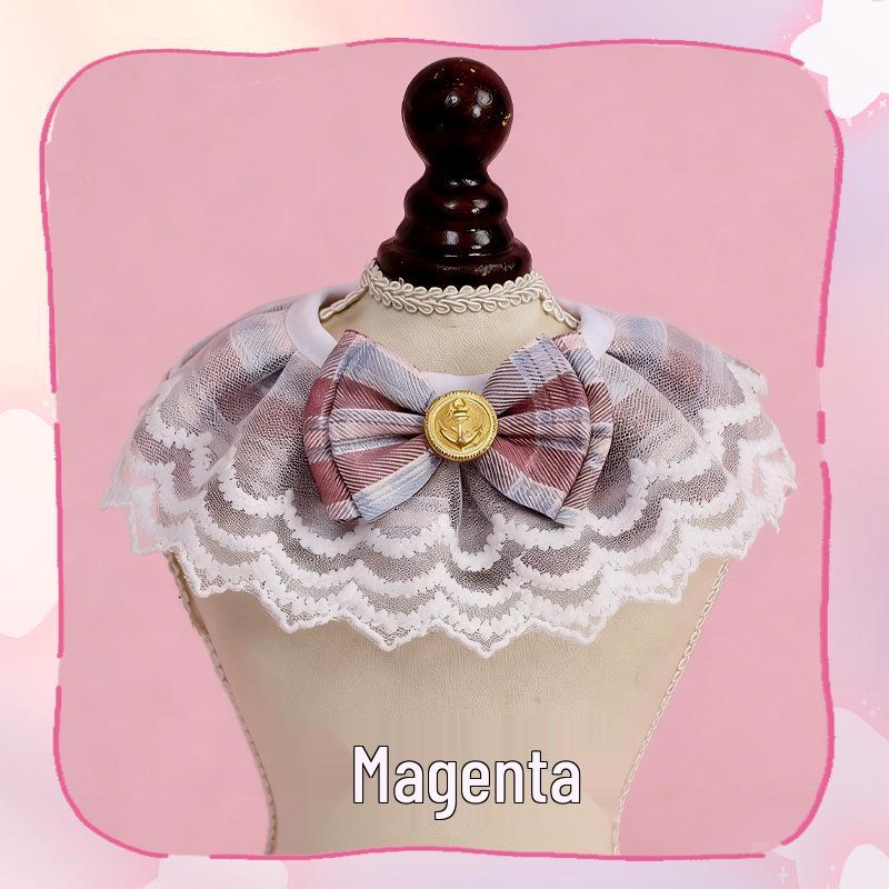 British-Style Cat Bib with Bow Tie – All-Season Lace Drool Bib in JK Style Medium маджента