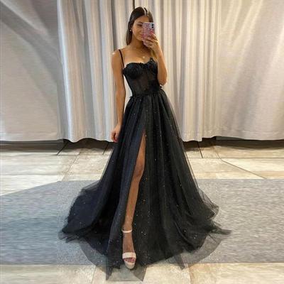 New Arrival Prom Party Dresses Vestido De Festa Black  Neck Dress Elegant Style Lace Elegant Sexy Slit