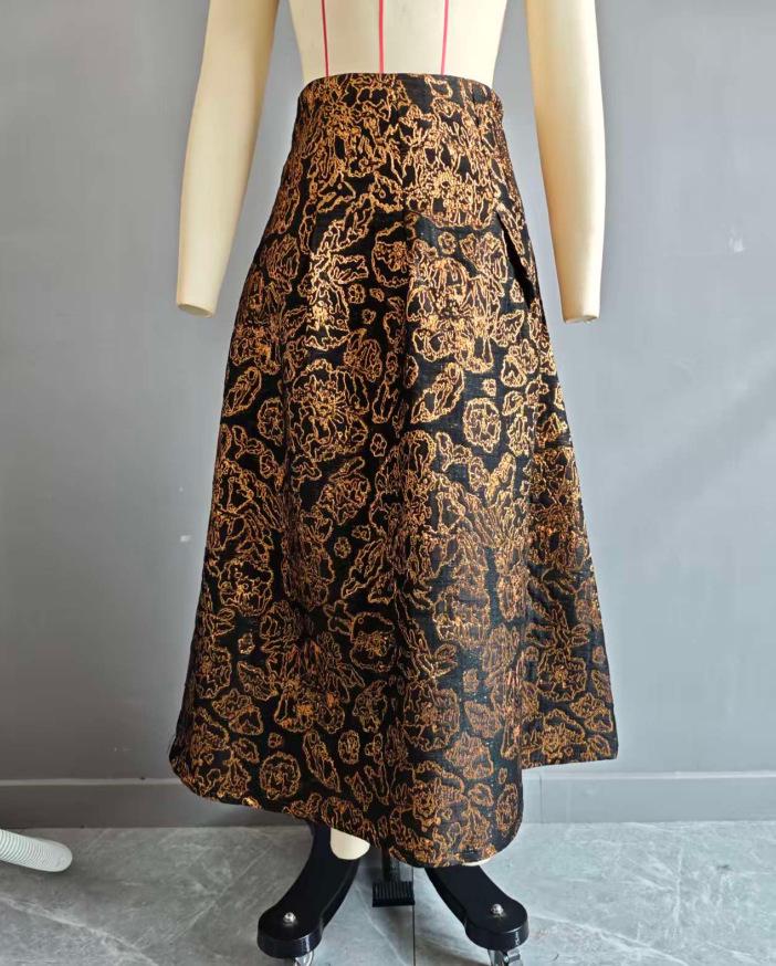 ZR Women s 2026 Retro Gold Jacquard Waist-Cinched Skirt - European & American Style Fashion Large как
