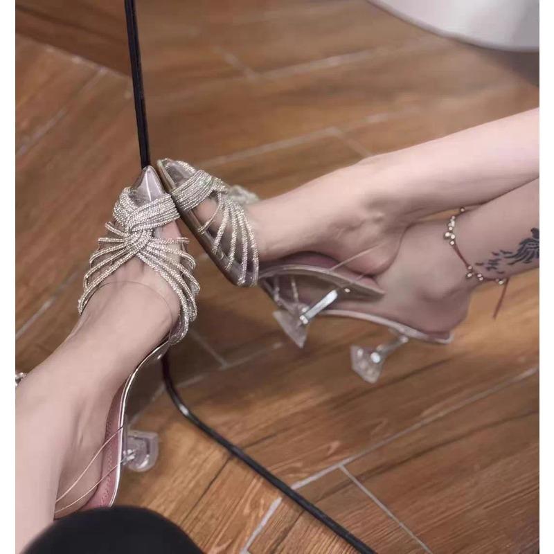 Mode 2025 Sommer Neu High-Heel Sandalen Damen Spitzschuh Film Strass Stilettoabsatz Riemchen im Römerstil Damenschuhe