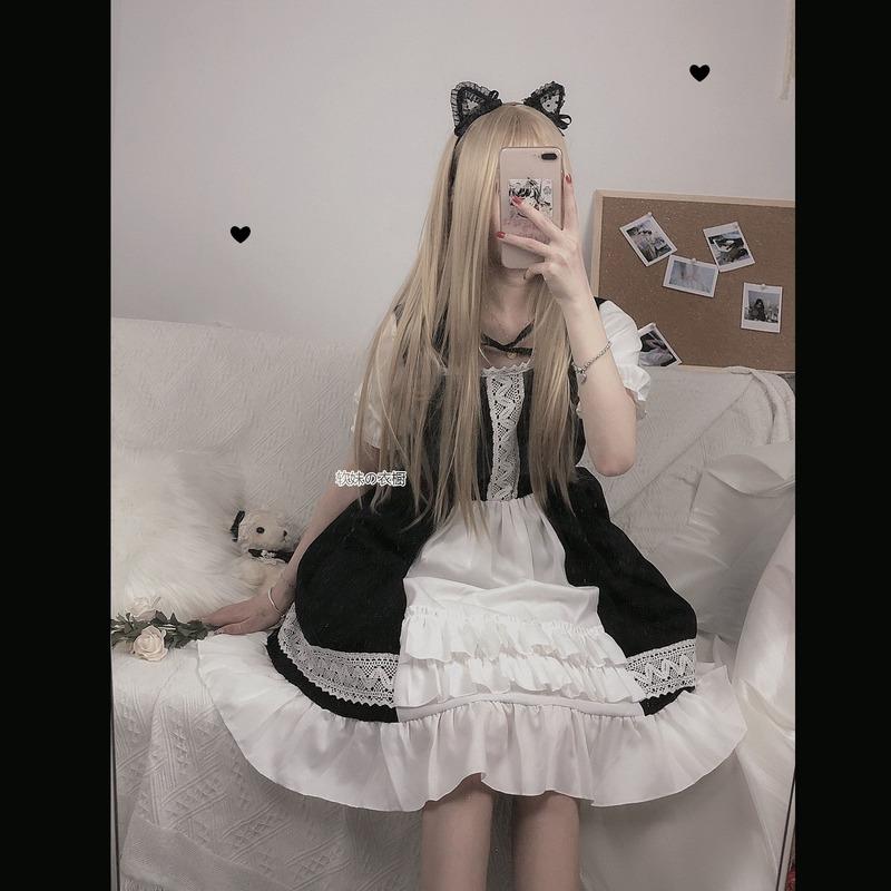 

Каваи Лолита Платье горничной Розовое Гот Готическое Платье для вечеринки по случаю дня рождения Пышный рукав Японский Харадзюку Рюши Шнуровка Мягкие девочки One Size чёрный