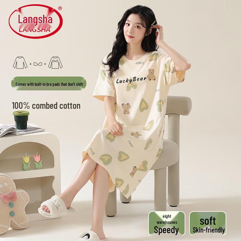 Langsha Women s Cotton Short-Sleeve Nightdress with Chest Pads 2XL
