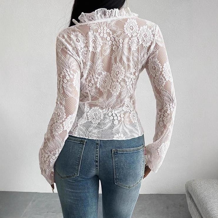 2026 Spring/Summer Women's Elegant Lace V-Neck Long-Sleeve Shirt