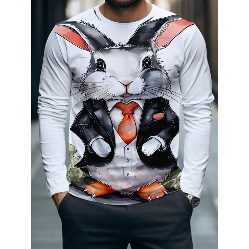 T-shirt da uomo casual a maniche lunghe con stampa, girocollo, per autunno e inverno