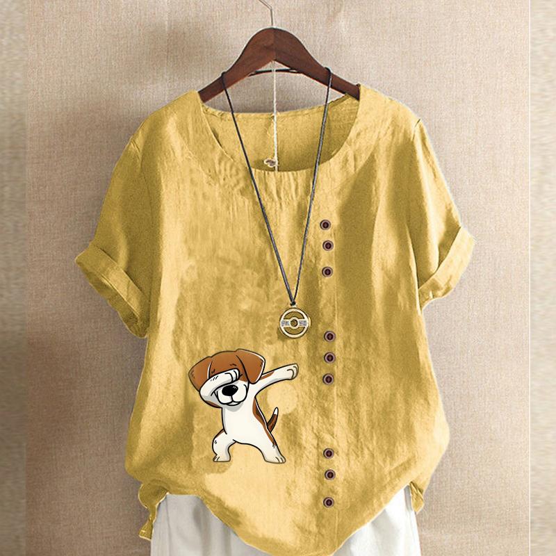 Women's Fashion Round Neck Short Sleeve T-shirt Casual Cotton Linen Graphic Shirt Lovely Dog Prined Summer Blouse Tops Plus Size