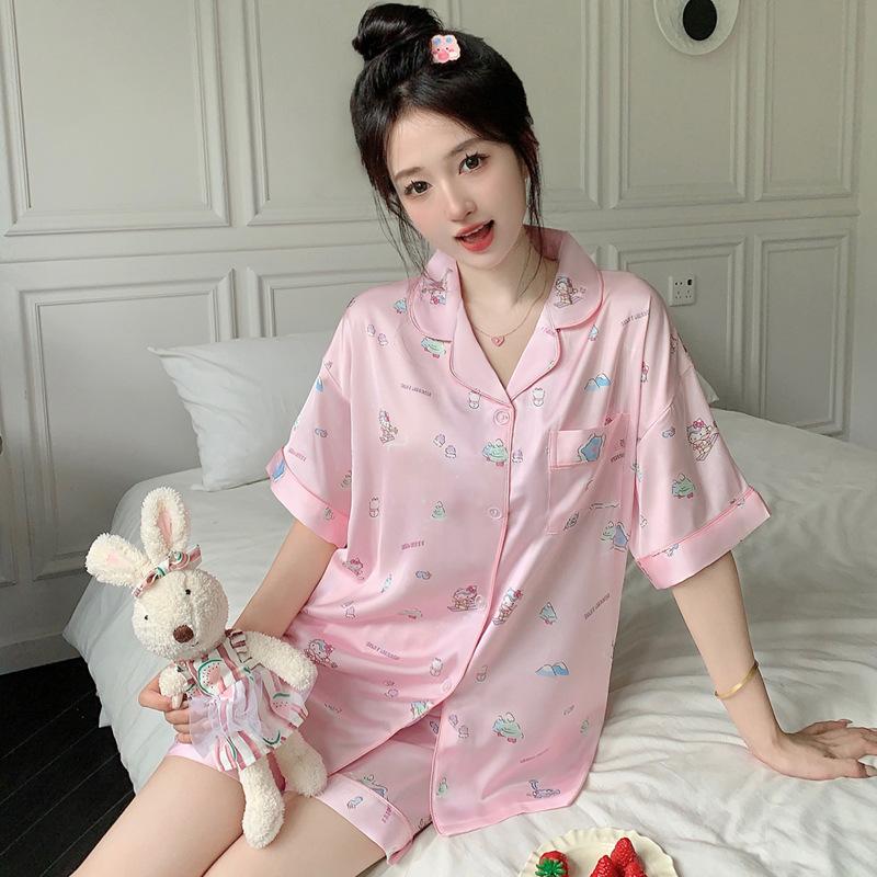 Japanese Style Home Pajamas Lapel Cartoon Short-Sleeved Shorts Ice Silk Thin Loungewear Set