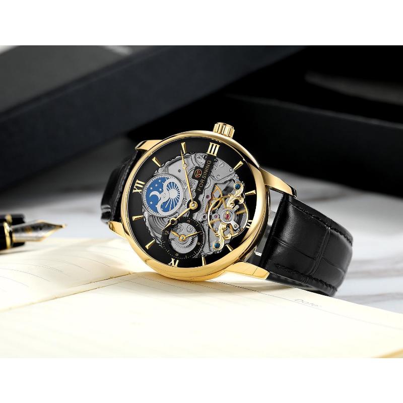 FORSINING Men's Luxury Automatic Mechanical Watch Leather Strap Automatic Tourbillon Hollow Mechanical Watch