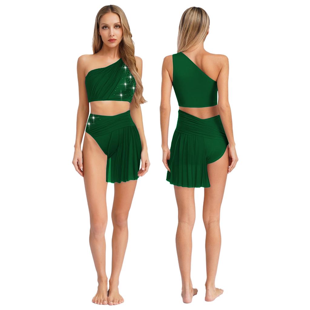 Dámské oblečení pro lyrický tanec Kostým pro vystoupení na jevišti Jedno rameno Lesklé kamínky Crop Top se síťovinovými kalhotkami se sukní