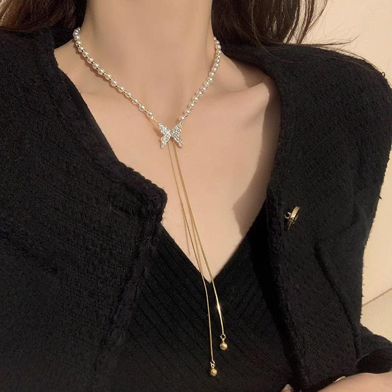 Sweet Premium Pearl Splicing Butterfly Tassel Pearl Necklace Female Pulling Adjustable Fashion Summer Collarbone Chain