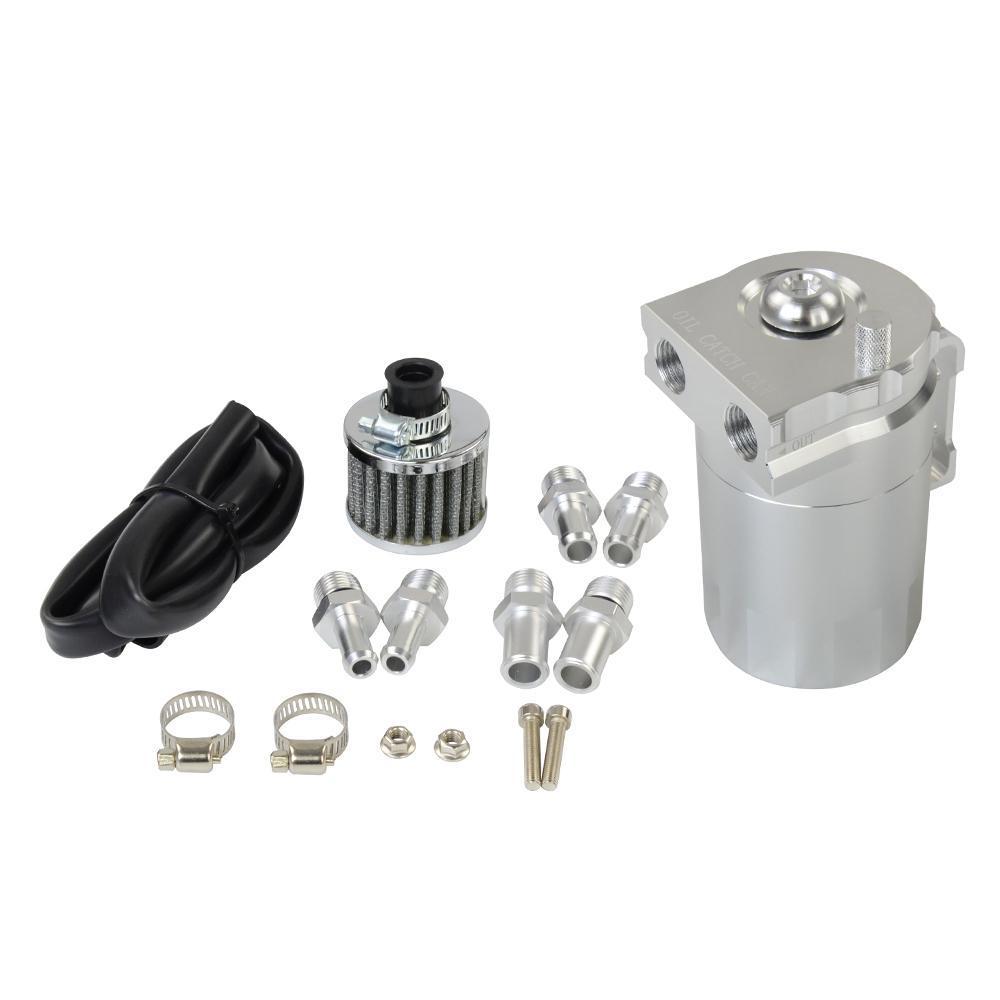 Universal Black Baffled Aluminum Oil Catch Tank Can Reservoir Tank with 11mm/15mm Fittings and Oil Dipstick