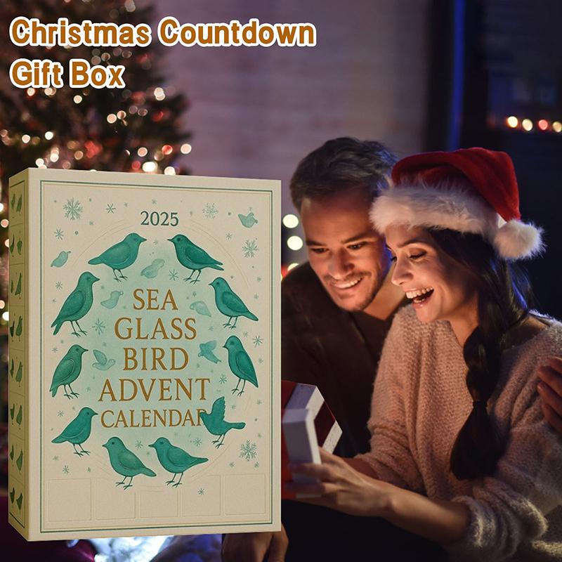 Seeglas Vogel Adventskalender 2025, 24-Tage Küstenweihnachts-Countdown mit Seeglas-Ornamenten, Einzigartige Feiertagsdekoration & Geschenk