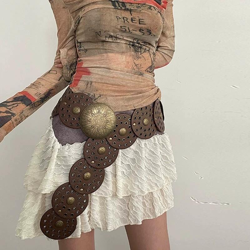 Cintura Larga in Ecopelle Stile Boho con Fibbia Metallica Circolare per Donne Moda Estiva