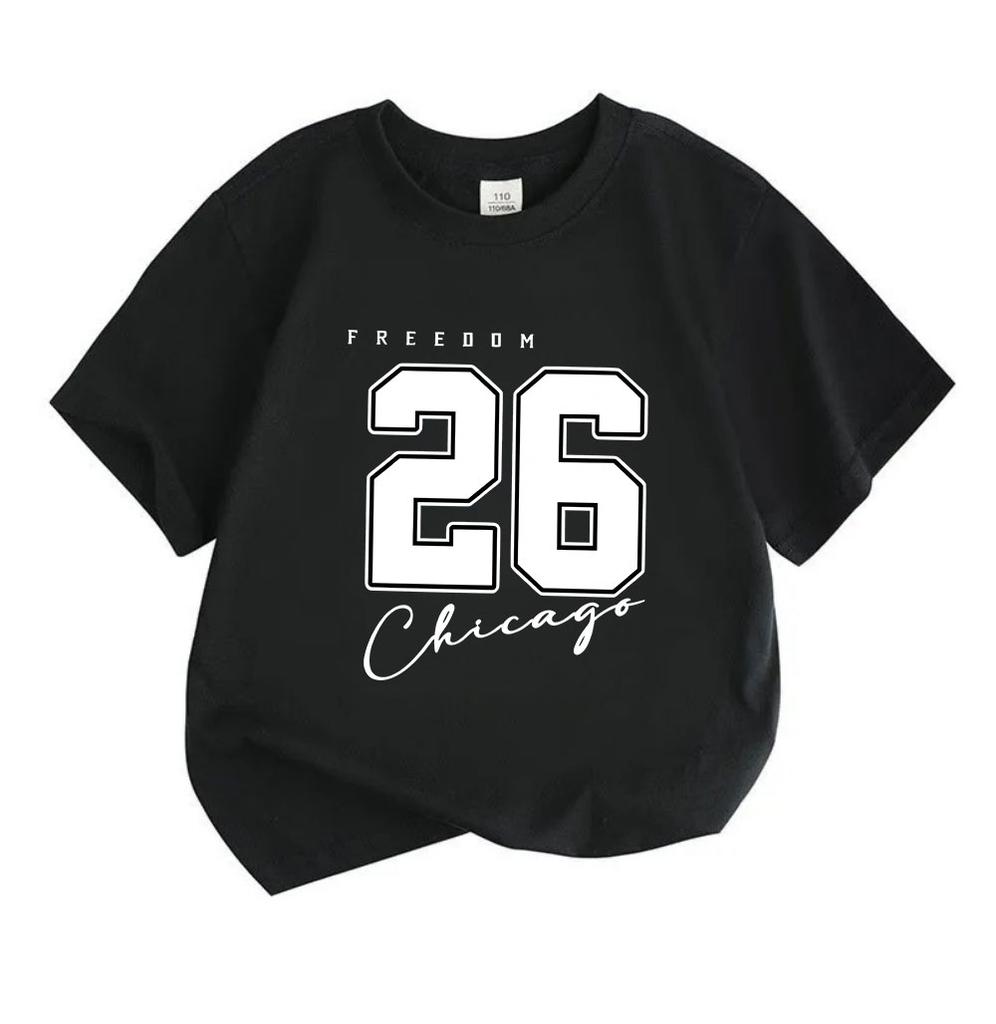 Kids Boys Girls 100% Cotton Crew Neck Short Sleeve T-Shirt, Freedom 26 Chicago Print Casual Summer Comfortable Soft Daily Tee for Children