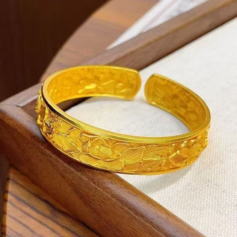 Engraved Peony Flower Open Bracelet Women s Bracelet Niche High-end Accessories One Size(16-22CM)