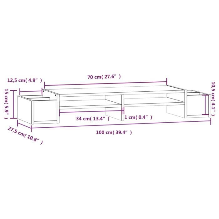 VidaXL Support de moniteur Gris 100x27,5x15 cm Bois de pin solide 813971