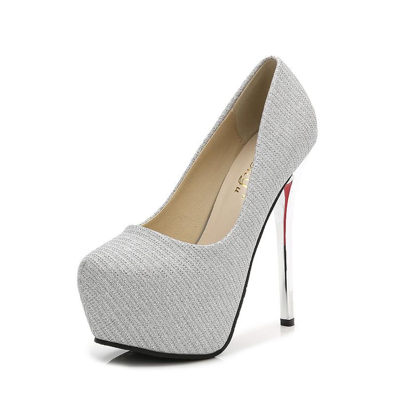 Autumn Round Head Waterproof Inner Height Increase Heel Women's Shoes Super High Heel Fine Heel Gold Powder Shiny and Sexy