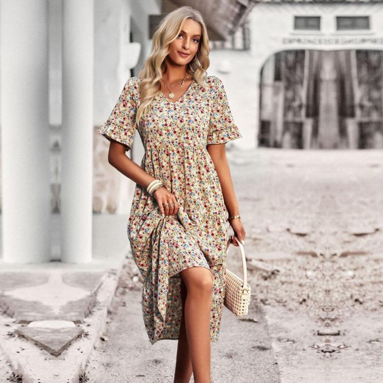 Damen Sommer Blumenmuster Kurzarm Hohe Taille A-Linie Urlaubs Kleider Hals