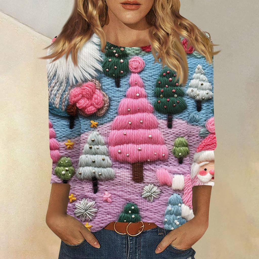 Damenmode und Winter Lässiges Rundhals-T-Shirt mit gebürstetem, geripptem Weihnachtsdruck und Dreiviertelärmeln, Damenbekleidung