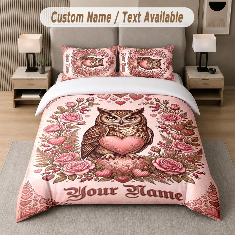 Owl Birds Theme Custom Text Or Name 3Pcs Bedding Set 1 Flat Sheet & 2 Pillowcases Personalized Home Bedding