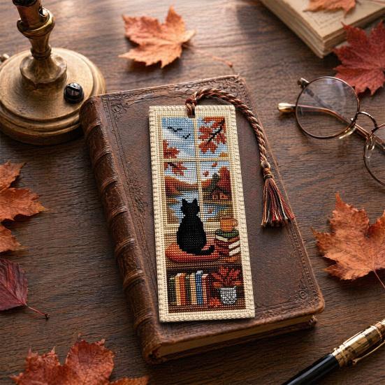 Seasonal Cat Cross-Stitch Bookmark, Four Seasons Black Cat Bookmark with Braided Rope, Handcrafted Book Page Marker for Book Lovers