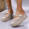 Breathable Lace Wedge Heel Mules Women 2025 Summer Luxury Pearl Chain Close Toe Slippers Bohemia Soft Hemp Sole Sandals Women