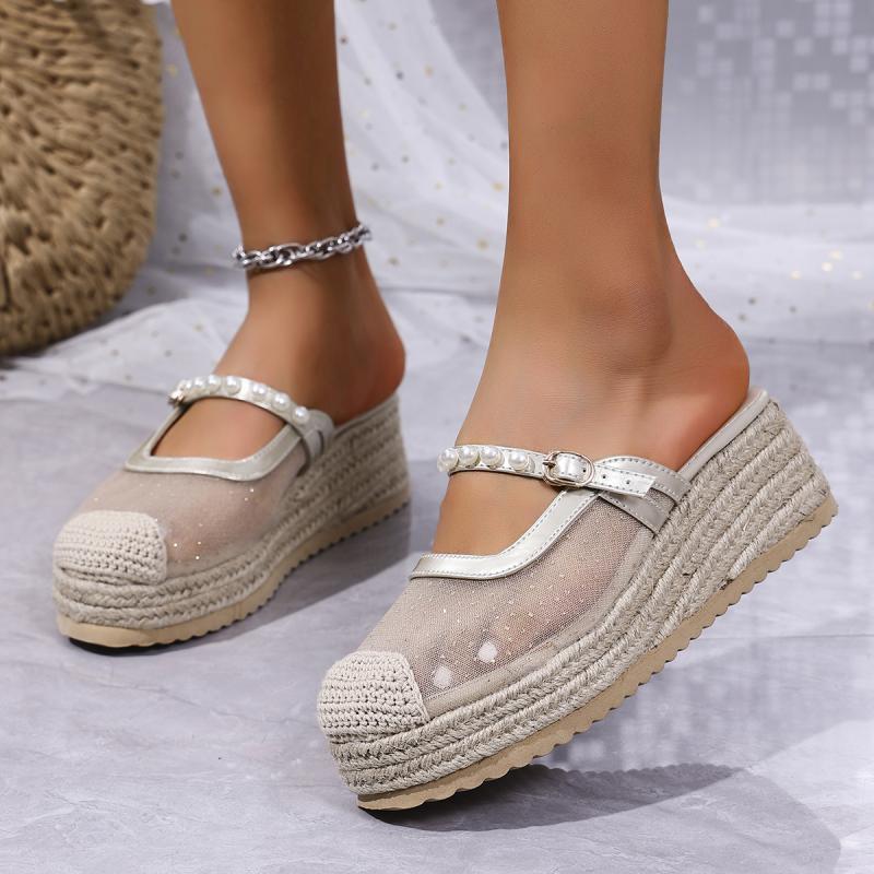 Breathable Lace Wedge Heel Mules Women 2025 Summer Luxury Pearl Chain Close Toe Slippers Bohemia Soft Hemp Sole Sandals Women