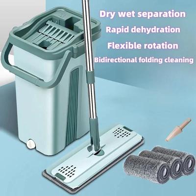 Squeeze Flat Mop with Bucket Hand Free Wringing Floor Cleaning Mop Microfiber Mop Pads Wet or Dry Usage On Hardwood Laminate