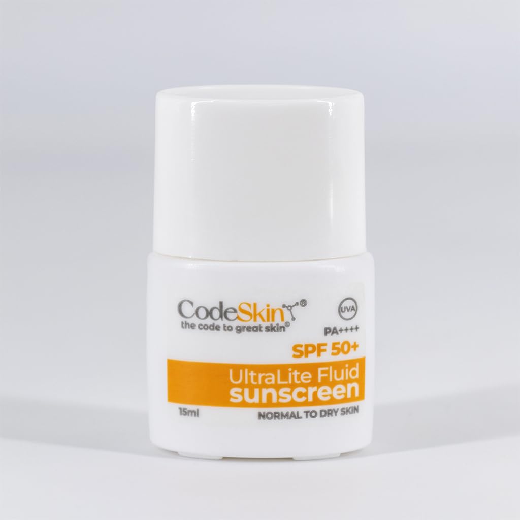 CodeSkin Ultralite Fluid Sunscreen for Men & Women - 15ml | SPF 50+ PA++++ | Lightweight Dewy Skin Finish | Broad UVA & UVB Protection | For Norm