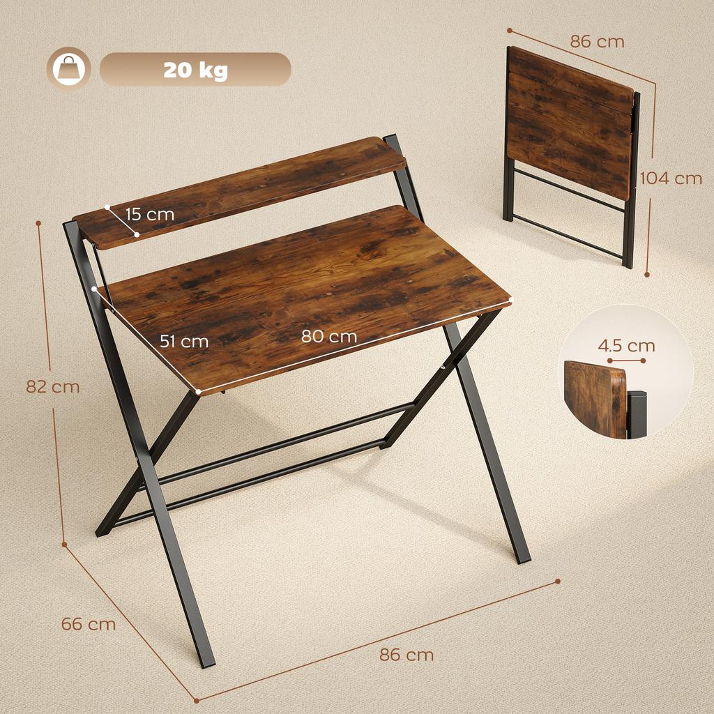 Compact Folding Desk For Small Spaces With Storage Shelf For Home Office Rustic Brown
