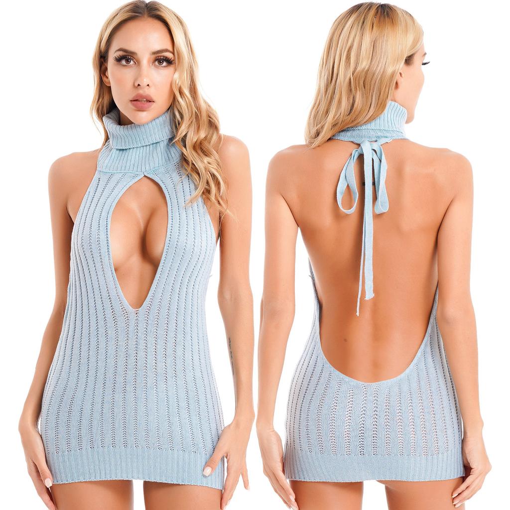 Womens Backless Ribbed Knit Dress Keyhole Lace-Up Mini Clubwear Turtleneck Nightwear