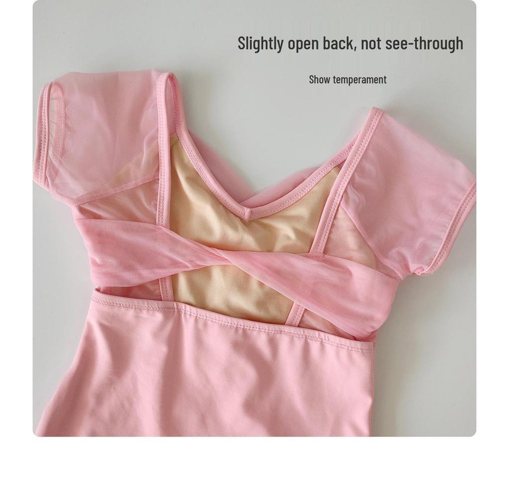 Girls' Summer Mesh Ballet Dancewear - Short Sleeve Patchwork Costume