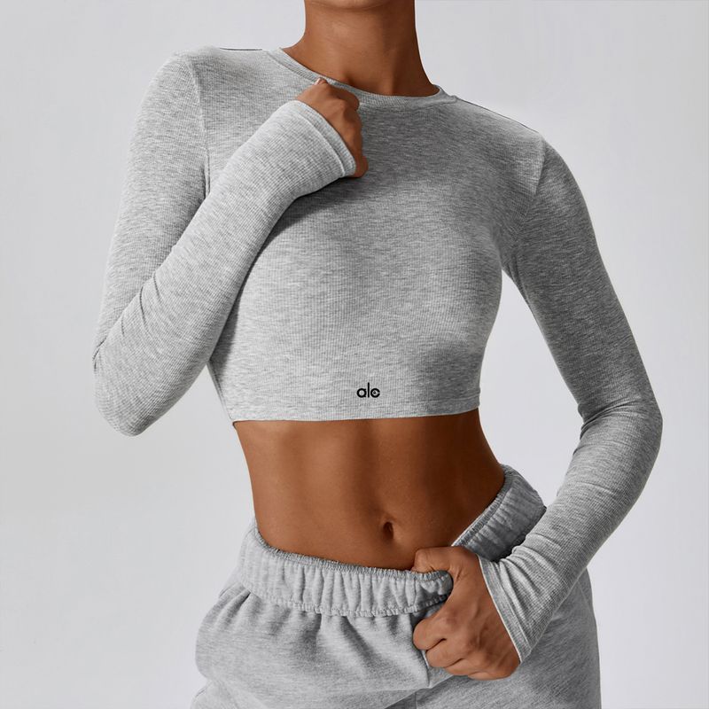 

Aloneadv Fashion Yoga Long Sleeve T-shirt Women s Tight T-shirt Spring and Summer Running Quick-Drying Sports Fitness White Tops Melange gray L/12