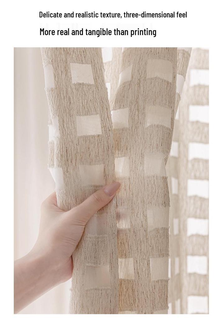 Vintage Plaid Sheer Linen Curtains for Living Room & Bedroom - Light-Permeable, High-End Feel, New Style for Balcony Windows